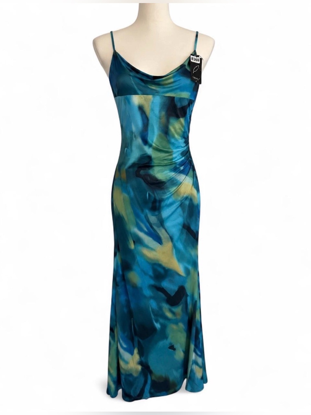 Silky Teal Stretchy fitted silhouette Multicolor Maxi Dress by Capuffy— NWT XS